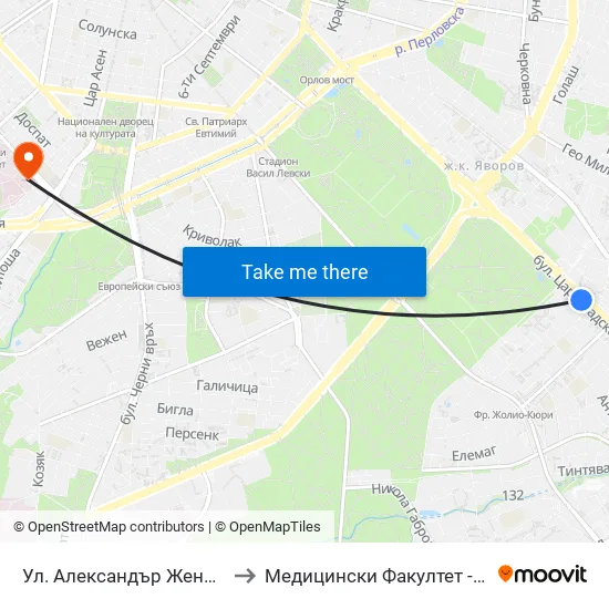 Ул. Александър Жендов / Aleksandar Zhendov Blvd. (1820) to Медицински Факултет - Предклиничен Университетски Център map
