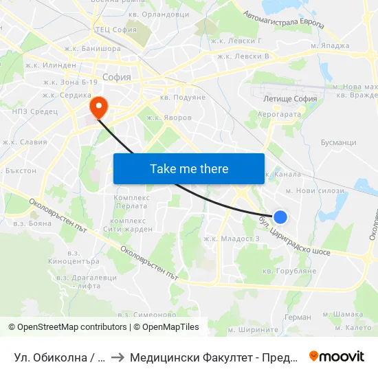 Ул. Обиколна / Obikolna St. (2066) to Медицински Факултет - Предклиничен Университетски Център map
