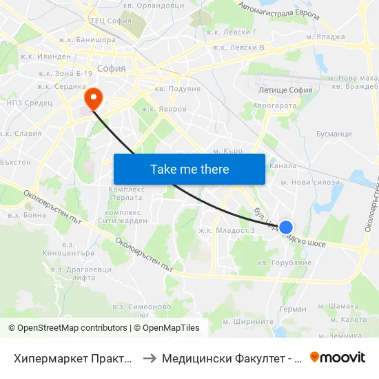 Хипермаркет Практикер / Praktiker Hypermarket (2408) to Медицински Факултет - Предклиничен Университетски Център map