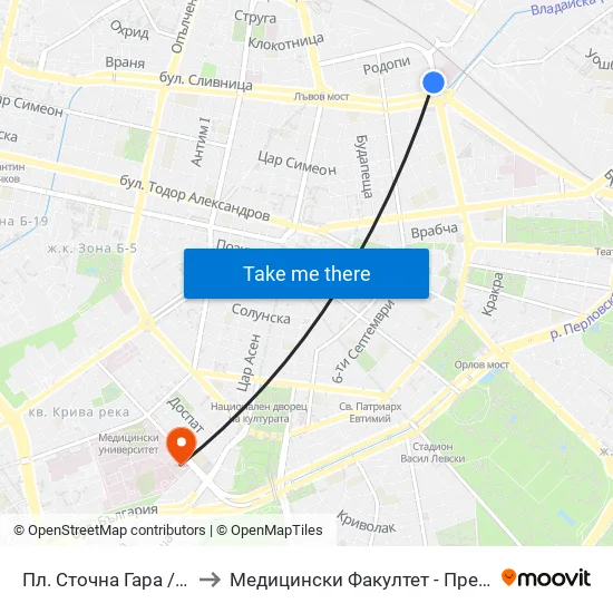 Пл. Сточна Гара / Stochna Gara Sq (1318) to Медицински Факултет - Предклиничен Университетски Център map