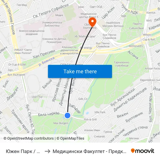 Южен Парк / South Park (2380) to Медицински Факултет - Предклиничен Университетски Център map
