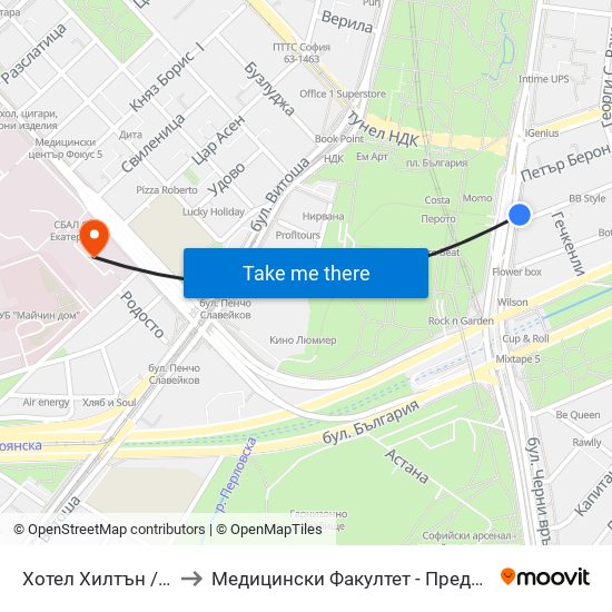 Хотел Хилтън / Hilton Hotel (0396) to Медицински Факултет - Предклиничен Университетски Център map