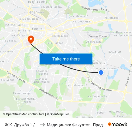 Ж.К. Дружба 1 / Druzhba 1 Qr. (2424) to Медицински Факултет - Предклиничен Университетски Център map