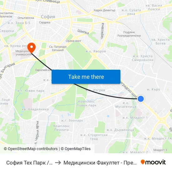 София Тех Парк / Sofia Tech Park (2795) to Медицински Факултет - Предклиничен Университетски Център map