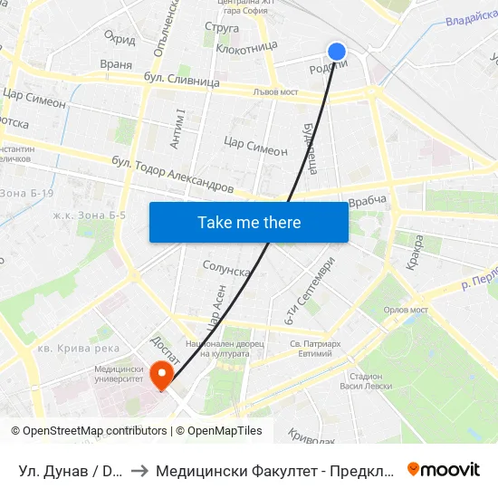 Ул. Дунав / Dunav St. (1939) to Медицински Факултет - Предклиничен Университетски Център map