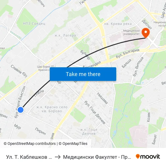 Ул. Т. Каблешков / T. Kableshkov St. (2210) to Медицински Факултет - Предклиничен Университетски Център map
