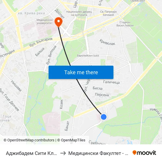 Аджибадем Сити Клиник / Acibadem City Clinic (2778) to Медицински Факултет - Предклиничен Университетски Център map