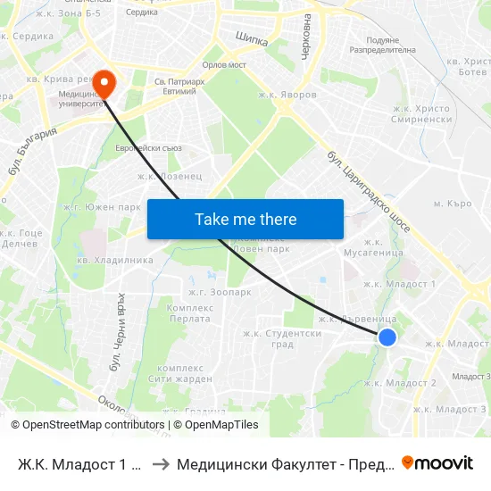 Ж.К. Младост 1 / Mladost 1 Qr. (6616) to Медицински Факултет - Предклиничен Университетски Център map