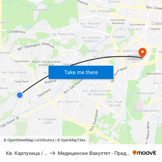 Кв. Карпузица / Karpuzitsa Qr. (6644) to Медицински Факултет - Предклиничен Университетски Център map