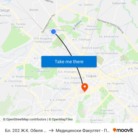 Бл. 202 Ж.К. Обеля 2 / Bl. 202, Obelya 2 Qr. (6647) to Медицински Факултет - Предклиничен Университетски Център map