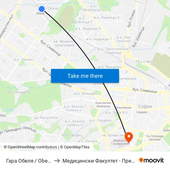 Гара Обеля / Obelya Train Station (6652) to Медицински Факултет - Предклиничен Университетски Център map