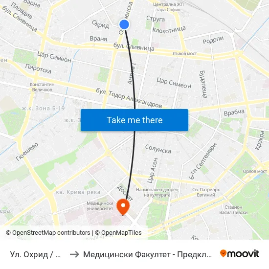 Ул. Охрид / Ohrid St. (2105) to Медицински Факултет - Предклиничен Университетски Център map