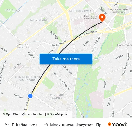 Ул. Т. Каблешков / T. Kableshkov St. (2212) to Медицински Факултет - Предклиничен Университетски Център map