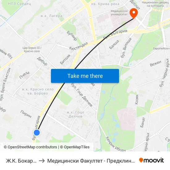 Ж.К. Бокар / Bokar Qr. to Медицински Факултет - Предклиничен Университетски Център map