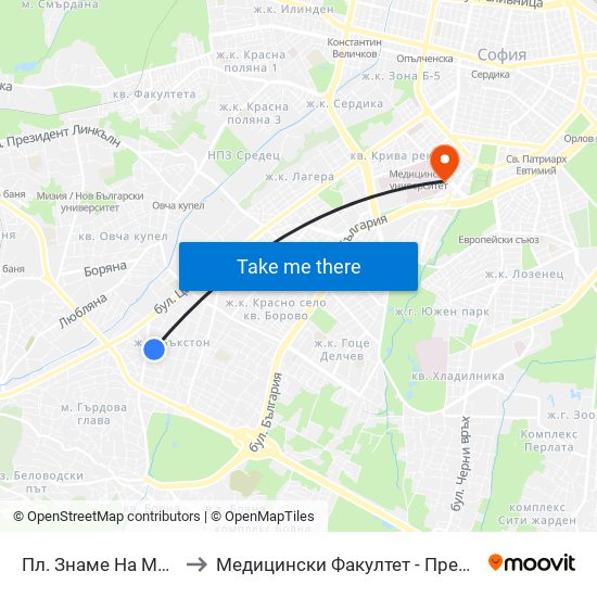 Пл. Знаме На Мира / Flag Of Peace Sq. to Медицински Факултет - Предклиничен Университетски Център map