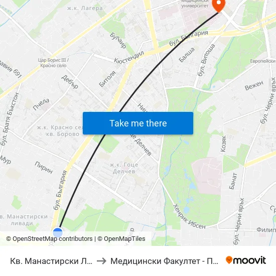Кв. Манастирски Ливади / Manastirski Livadi Qr to Медицински Факултет - Предклиничен Университетски Център map