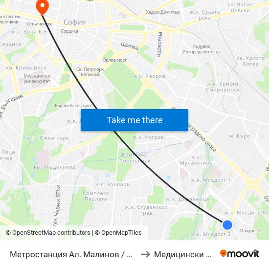 Метростанция Ал. Малинов / Al. Malinov Metro Station (0169) to Медицински Център Панацея map