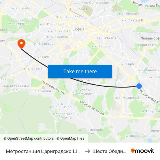 Метростанция Цариградско Шосе / Tsarigradsko Shosse Metro Station (1016) to Шеста Обединена Районна Болница map