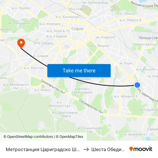 Ⓜ️ Метростанция Цариградско Шосе / Tsarigradsko Shosse Metro Station (1016) to Шеста Обединена Районна Болница map