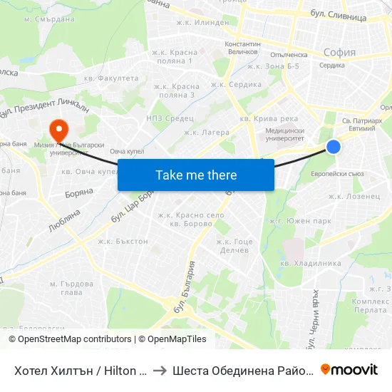 Хотел Хилтън / Hilton Hotel (0397) to Шеста Обединена Районна Болница map