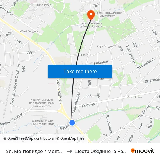 Ул. Монтевидео / Montevideo St. (2050) to Шеста Обединена Районна Болница map