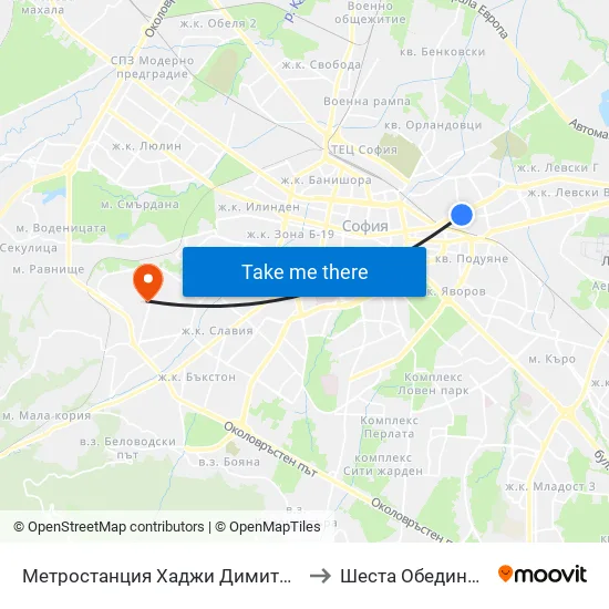 Метростанция Хаджи Димитър / Hadzhi Dimitar Metro Station (0303) to Шеста Обединена Районна Болница map
