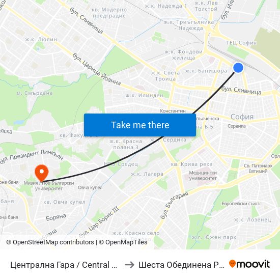 Централна Гара / Central Railway Station (1327) to Шеста Обединена Районна Болница map
