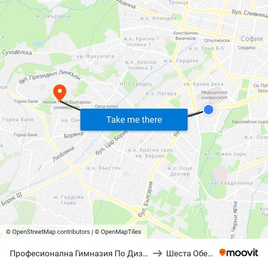 Професионална Гимназия По Дизайн Елисавета Вазова / Elisaveta Vazova High School Of Design (1736) to Шеста Обединена Районна Болница map