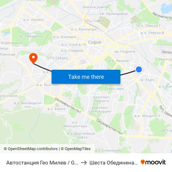 Автостанция Гео Милев / Geo Milev Bus Station (0052) to Шеста Обединена Районна Болница map