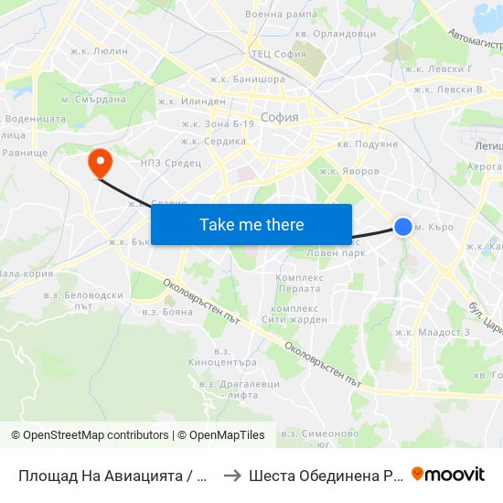 Площад На Авиацията / Aviation Square (1258) to Шеста Обединена Районна Болница map