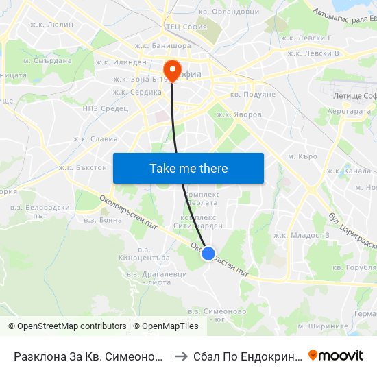 Разклона За Кв. Симеоново / Fork Road To Simeonovo Qr. (1458) to Сбал По Ендокринология ""Акад. Ив. Пенчев"" map