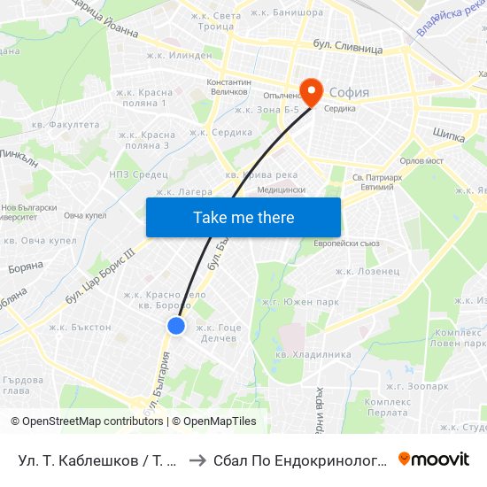 Ул. Т. Каблешков / T. Kableshkov St. (2213) to Сбал По Ендокринология ""Акад. Ив. Пенчев"" map