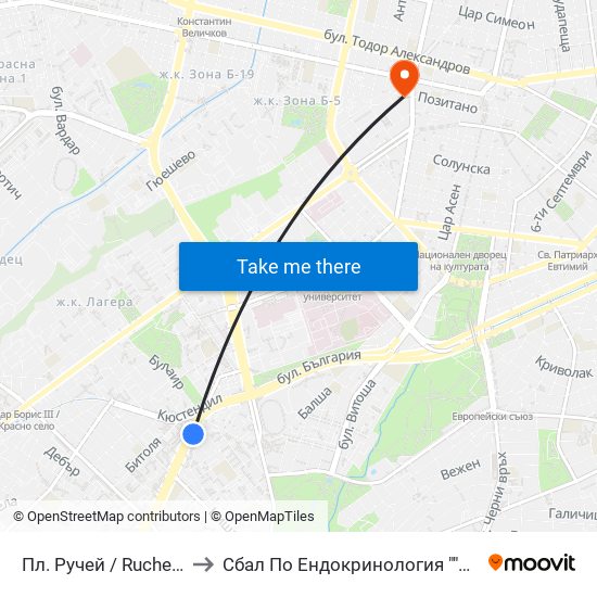 Пл. Ручей / Ruchey Sq. (1301) to Сбал По Ендокринология ""Акад. Ив. Пенчев"" map
