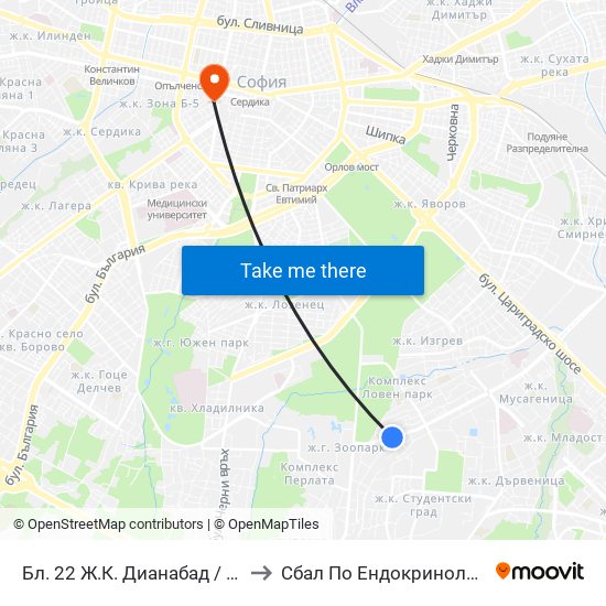 Бл. 22 Ж.К. Дианабад / Bl. 22, Dianabad Qr. (0124) to Сбал По Ендокринология ""Акад. Ив. Пенчев"" map