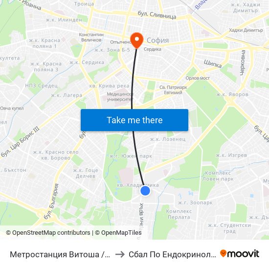 Метростанция Витоша / Vitosha Metro Station (0909) to Сбал По Ендокринология ""Акад. Ив. Пенчев"" map