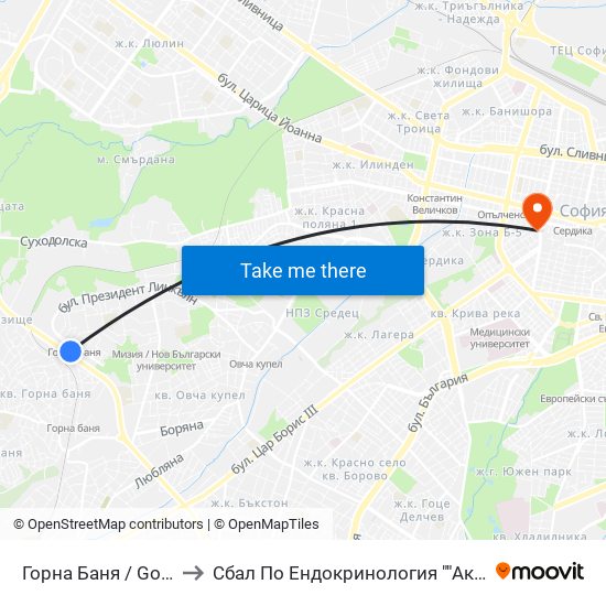 Горна Баня / Gorna Banya to Сбал По Ендокринология ""Акад. Ив. Пенчев"" map