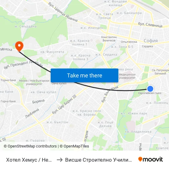 Ⓜ️ Хотел Хемус / Hemus Hotel (2330) to Висше Строително Училище ""Любен Каравелов"" map