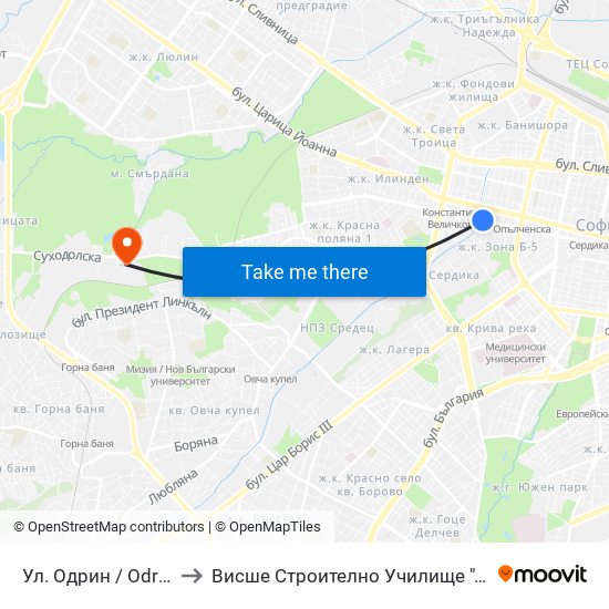 Ул. Одрин / Odrin St. (2075) to Висше Строително Училище ""Любен Каравелов"" map