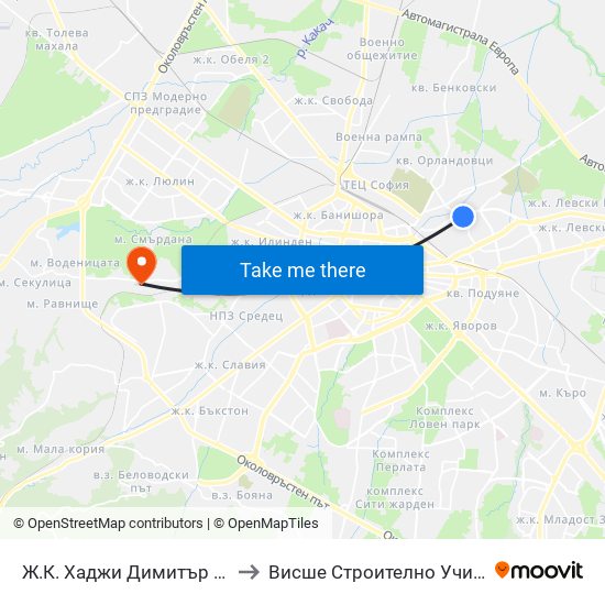 Ж.К. Хаджи Димитър / Hadzhi Dimitar Sq. (0692) to Висше Строително Училище ""Любен Каравелов"" map