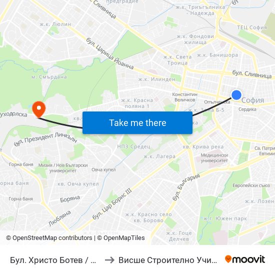 Бул. Христо Ботев / Hristo Botev Blvd. (0383) to Висше Строително Училище ""Любен Каравелов"" map
