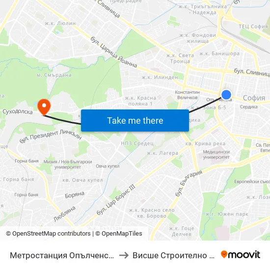 Ⓜ️ Метростанция Опълченска / Opalchenska Metro Station (1058) to Висше Строително Училище ""Любен Каравелов"" map