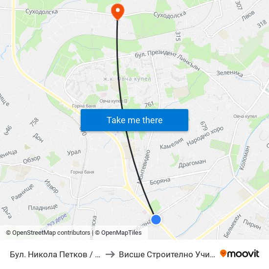 Бул. Никола Петков / Nikola Petkov Blvd. (0350) to Висше Строително Училище ""Любен Каравелов"" map