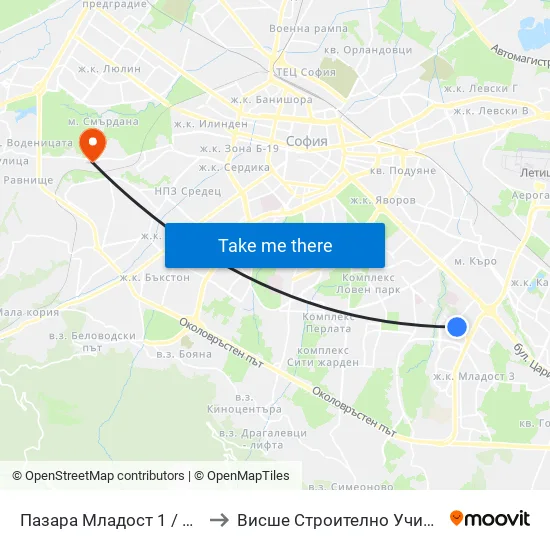 Ⓜ️ Пазара Младост 1 / Mladost 1 Market (0969) to Висше Строително Училище ""Любен Каравелов"" map