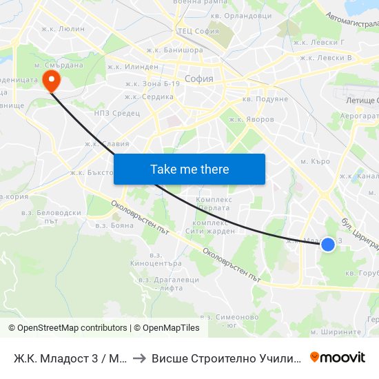 Ж.К. Младост 3 / Mladost 3 Qr. (0665) to Висше Строително Училище ""Любен Каравелов"" map