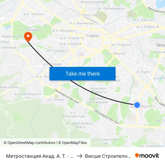 Ⓜ️ Метростанция Акад. Александър Теодоров - Балан / Akademik Aleksandar Teodorov - Balan Metro Station (1917) to Висше Строително Училище ""Любен Каравелов"" map