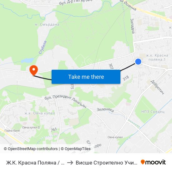 Ж.К. Красна Поляна / Krasna Polyana Qr. (2162) to Висше Строително Училище ""Любен Каравелов"" map