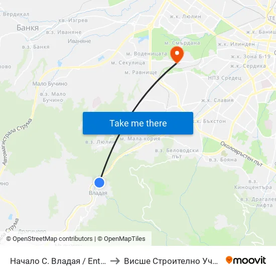 Начало С. Владая / Entry To Vladaya Village (1499) to Висше Строително Училище ""Любен Каравелов"" map