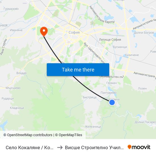 Село Кокаляне / Kokalyane Village (1540) to Висше Строително Училище ""Любен Каравелов"" map