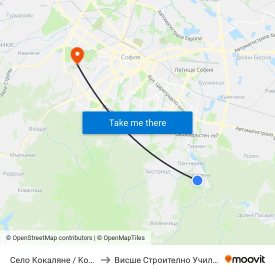 Село Кокаляне / Kokalyane Village (1540) to Висше Строително Училище ""Любен Каравелов"" map