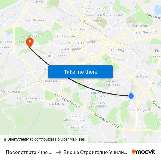 Посолствата / the Embassies (1400) to Висше Строително Училище ""Любен Каравелов"" map